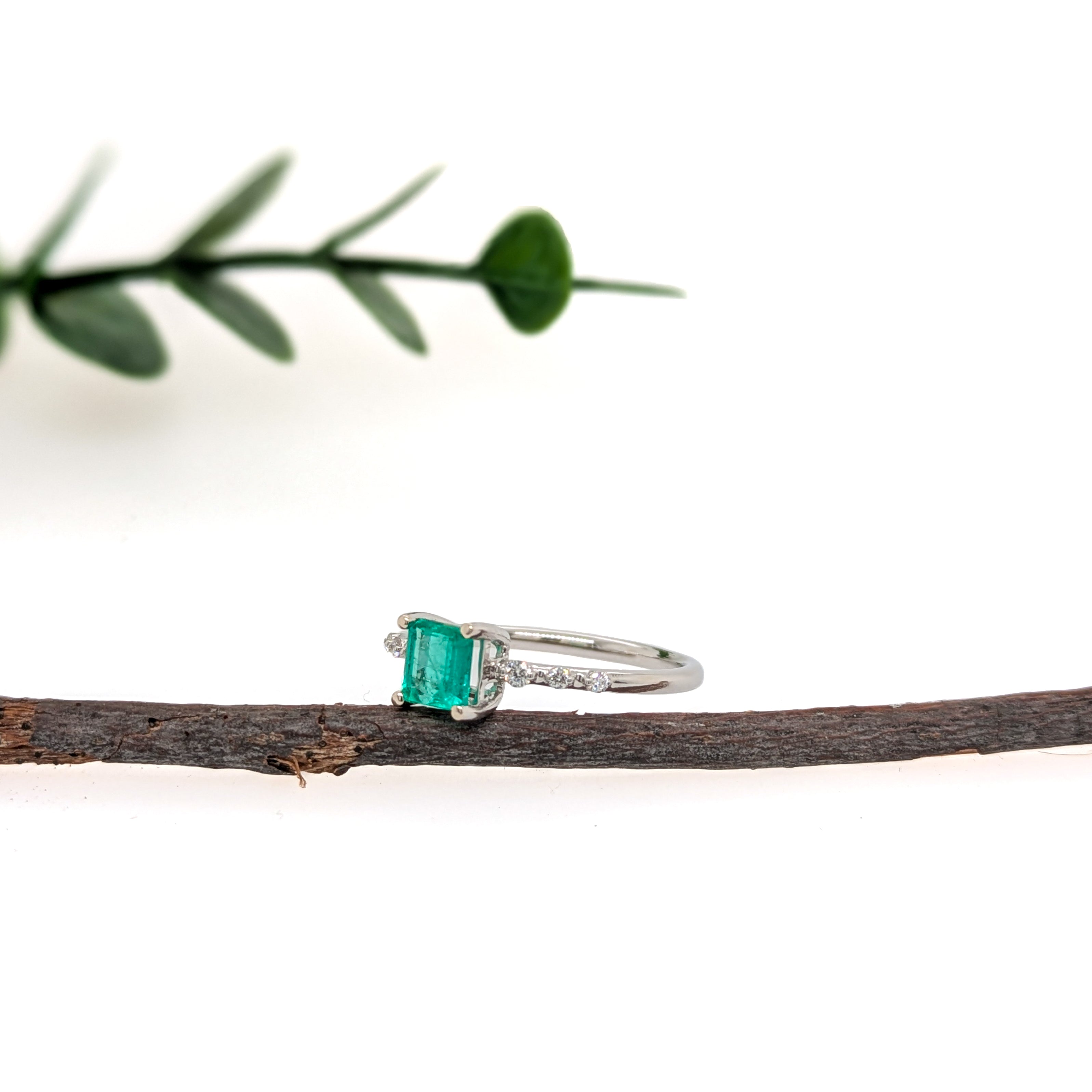 Nainika 14K White Gold 0.57cts Ethiopian Emerald Diamond Ring |  Asscher Cut 5mm