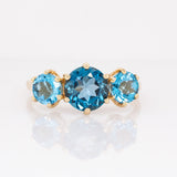 Aveline 14k Solid Gold London Blue Topaz Ring, Three Stone Setting | Round 8mm