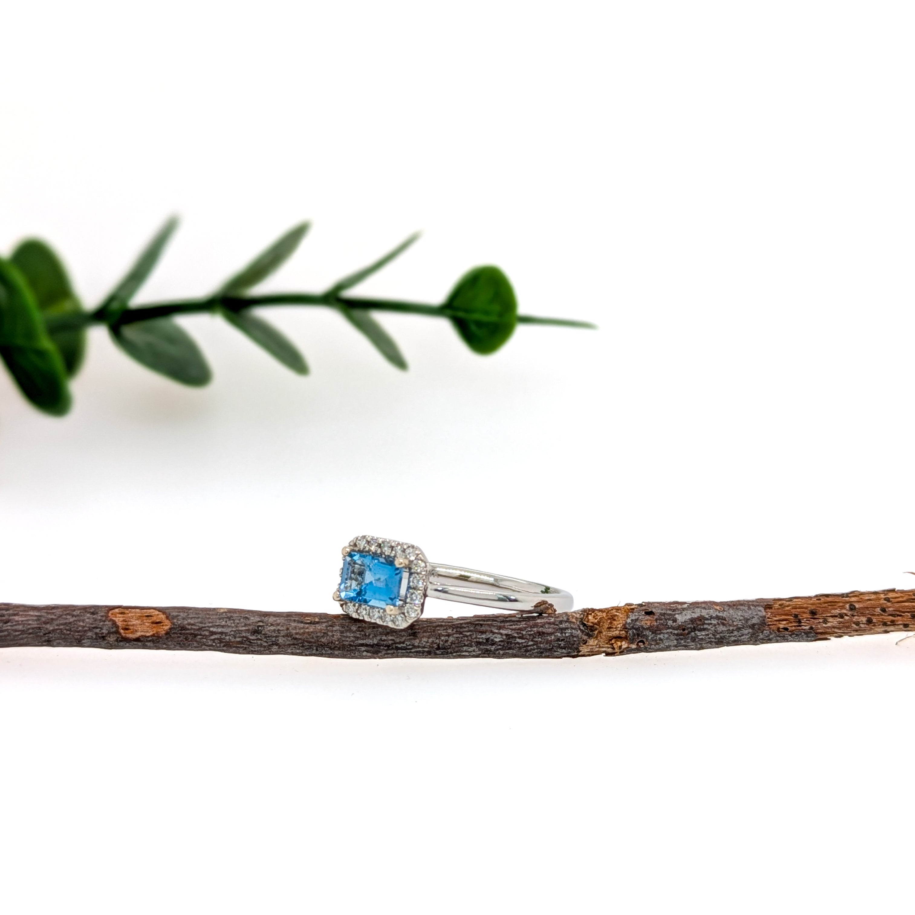 Ella 14K White Gold 0.46cts Aquamarine Diamond Wedding Ring | Emerald Cut 6x4mm