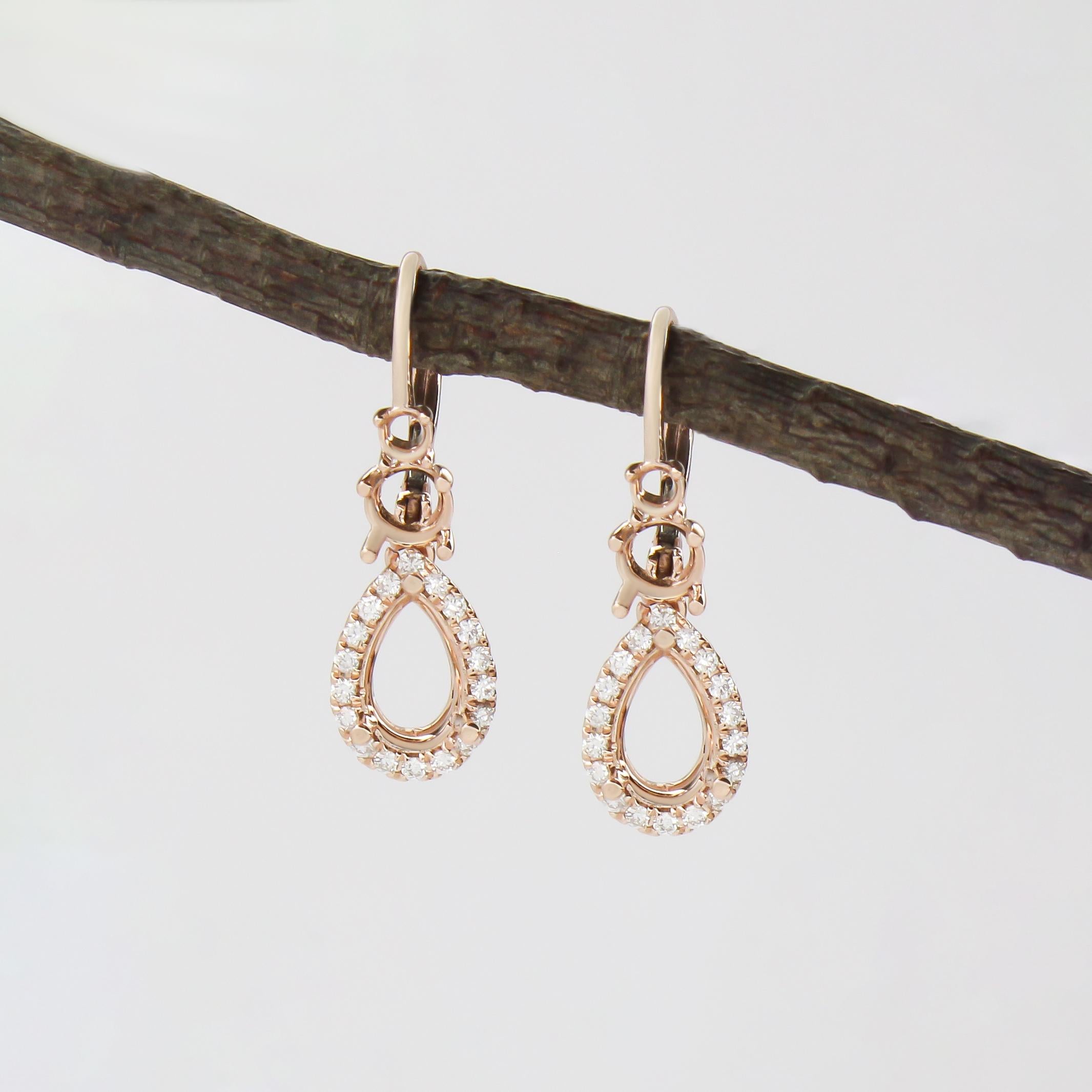 Earring Semi Mount w Earth Mined Diamonds in Solid 14K Gold | Pear 8.4x5.4mm