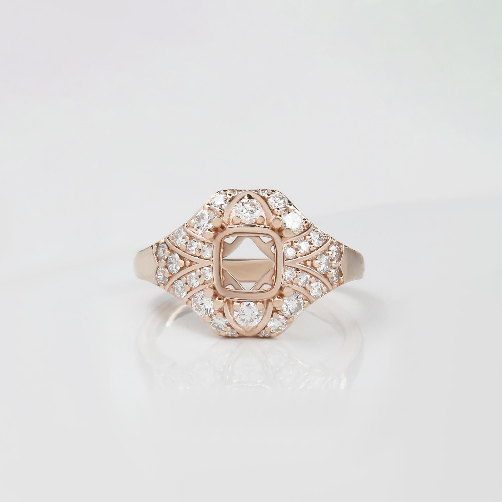 Ring Semi Mount w Earth Mined Diamonds in Solid 14K Gold | Cushion 6mm