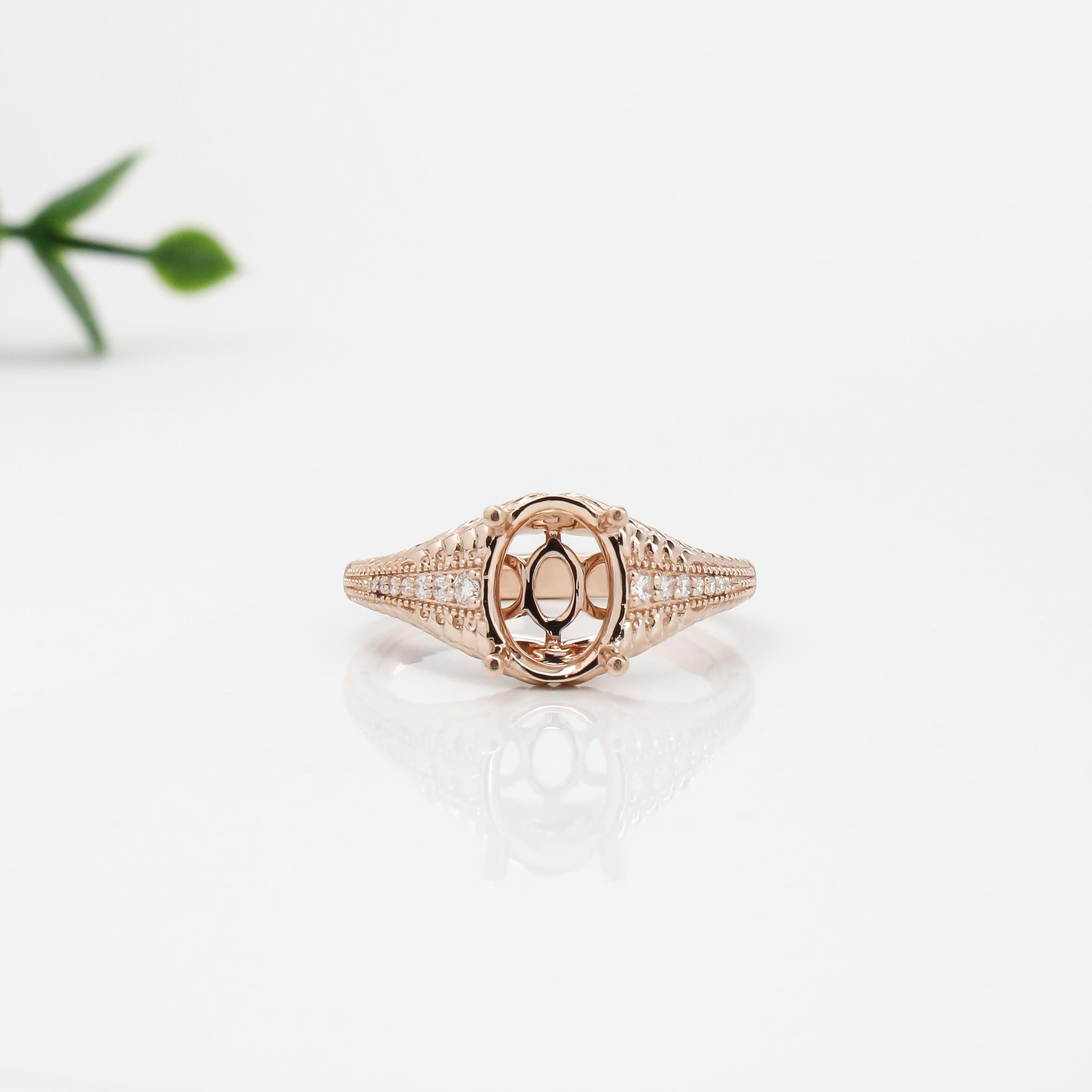 Statement Oval Ring Semi Mount w Diamonds and Milgrain Details in 14K Solid Gold