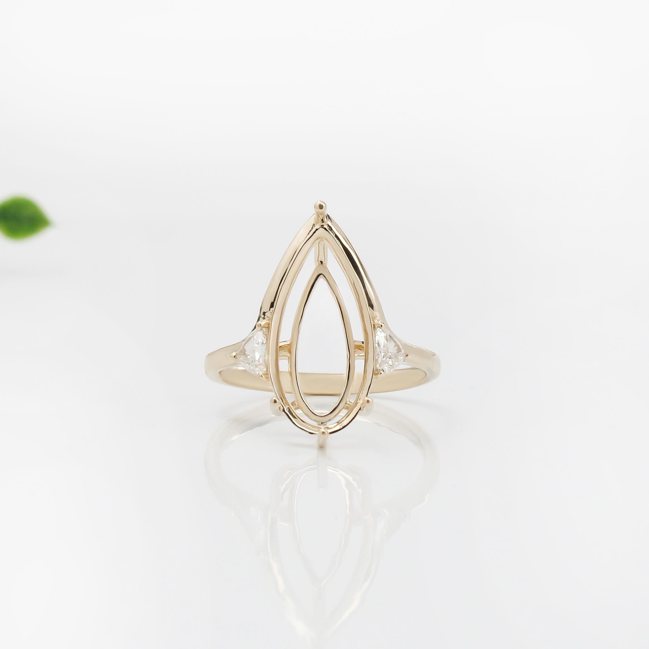 Statement Ring Setting w Trillion Diamond Accents in 14K Solid Gold | Pear
