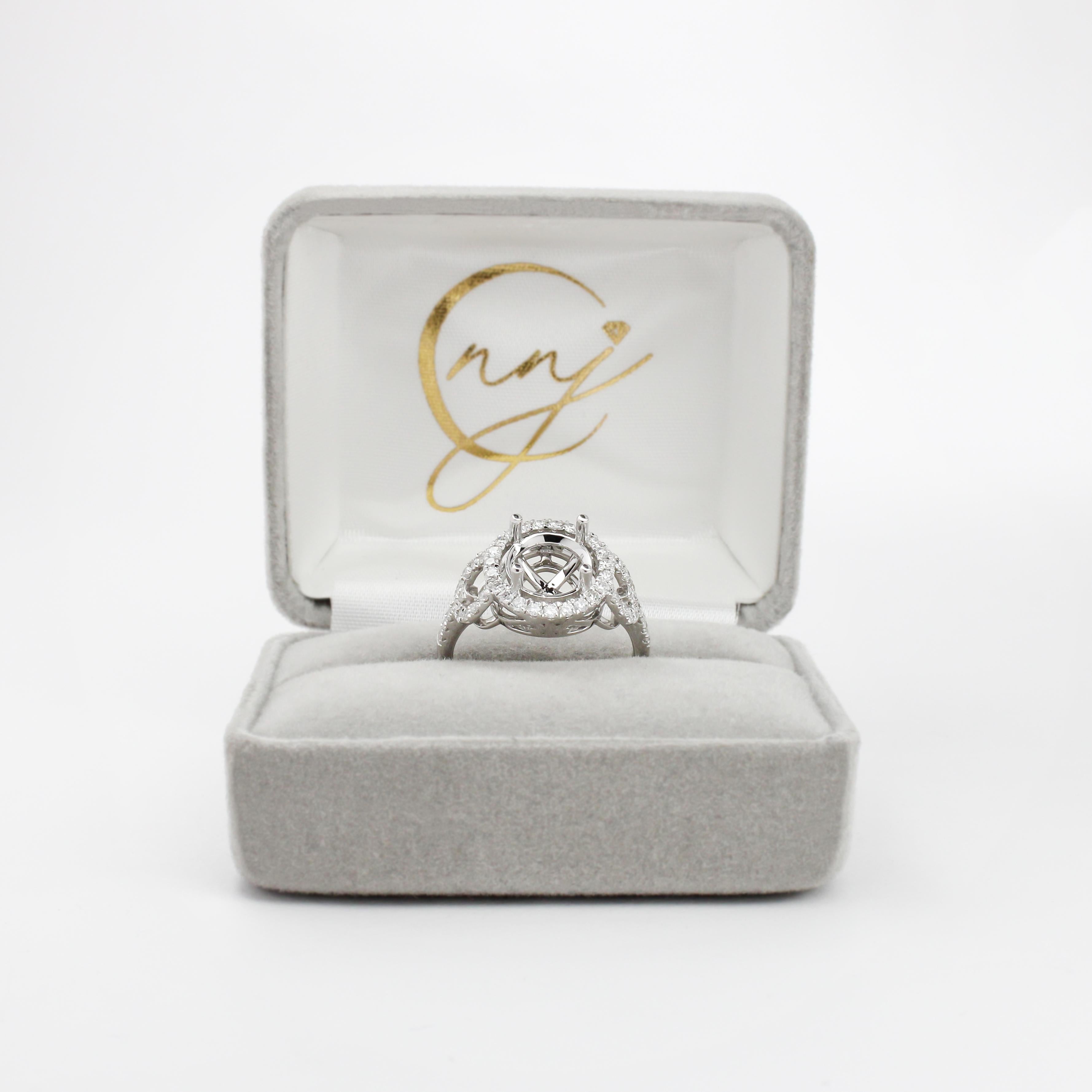 Statement Engagement Ring Semi Mount w Diamonds in 14K Solid Gold | Round