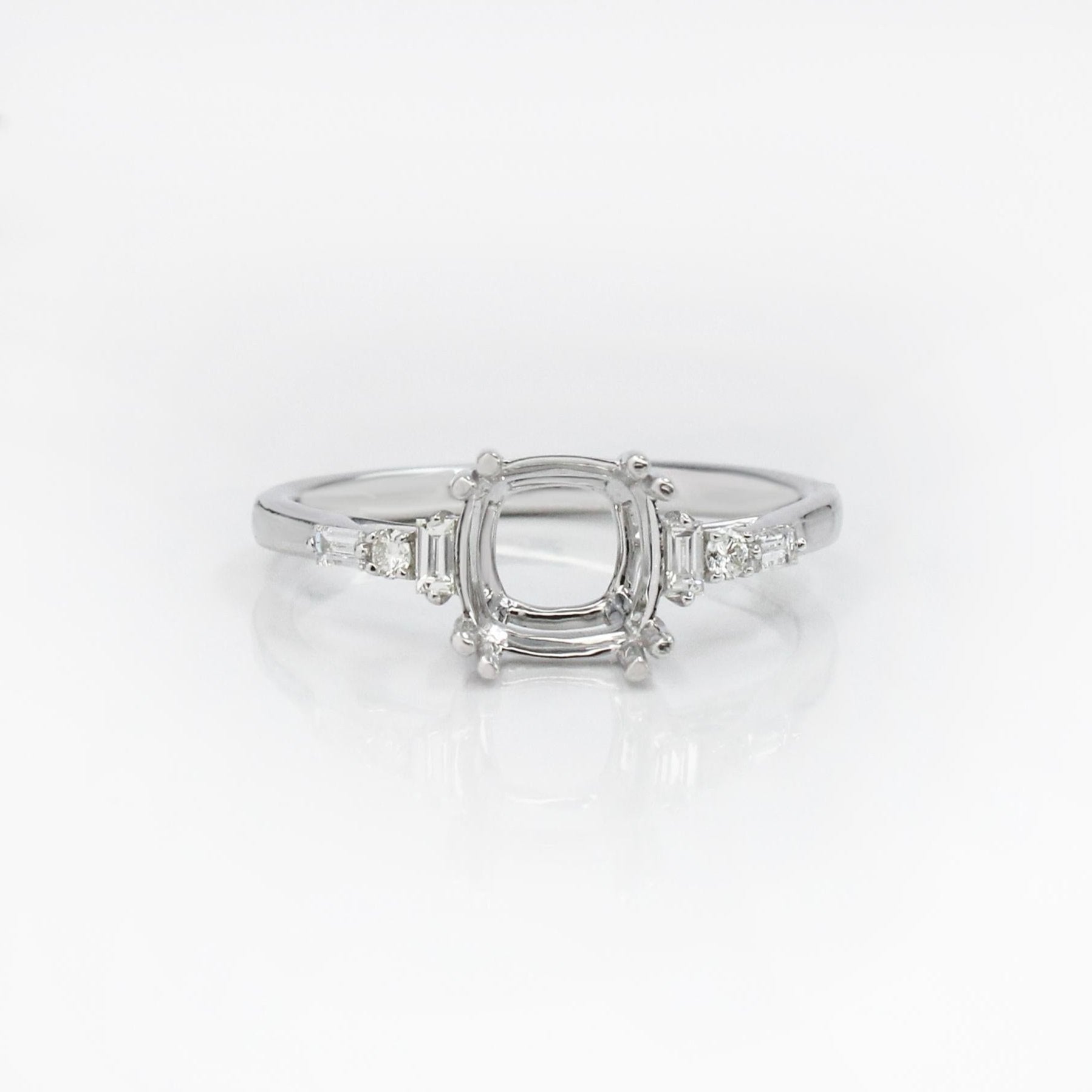 Cushion Ring Semi Mount w Baguette & Round Diamond Accents in Solid 14K Gold