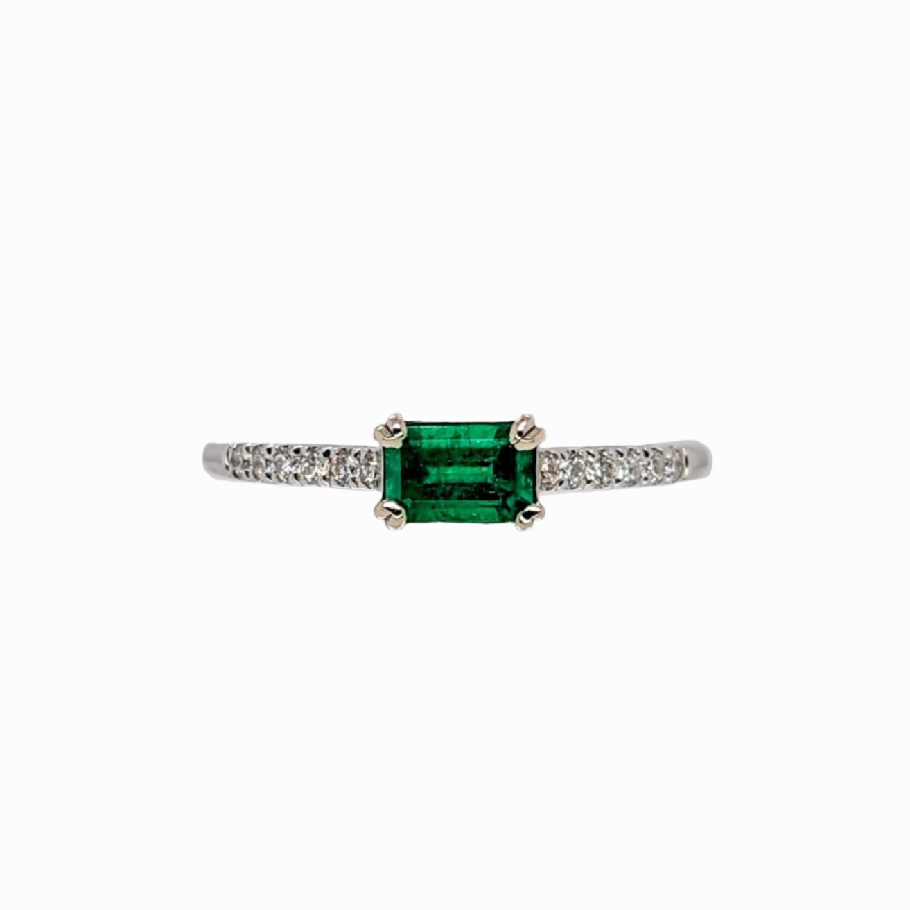 Colombian Emerald Ring w Natural Diamond Pave Shank in Solid 14K White Gold