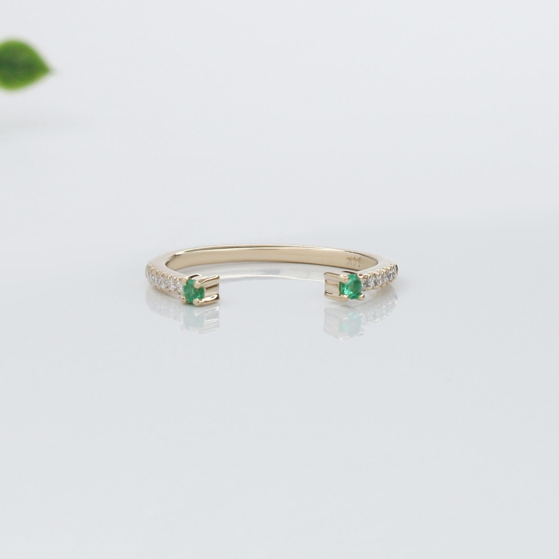 Emerald Accented Open Band w Earth Mined Diamonds in Solid 14K Yellow Gold