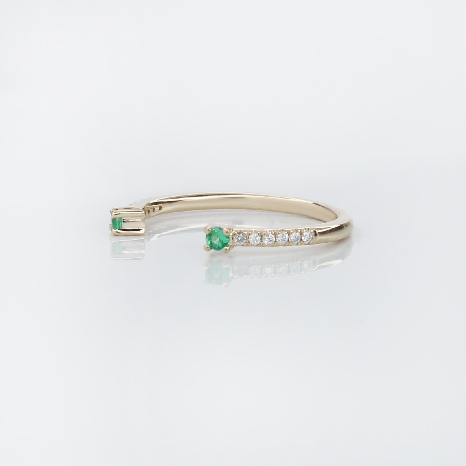 Emerald Accented Open Band w Earth Mined Diamonds in Solid 14K Yellow Gold
