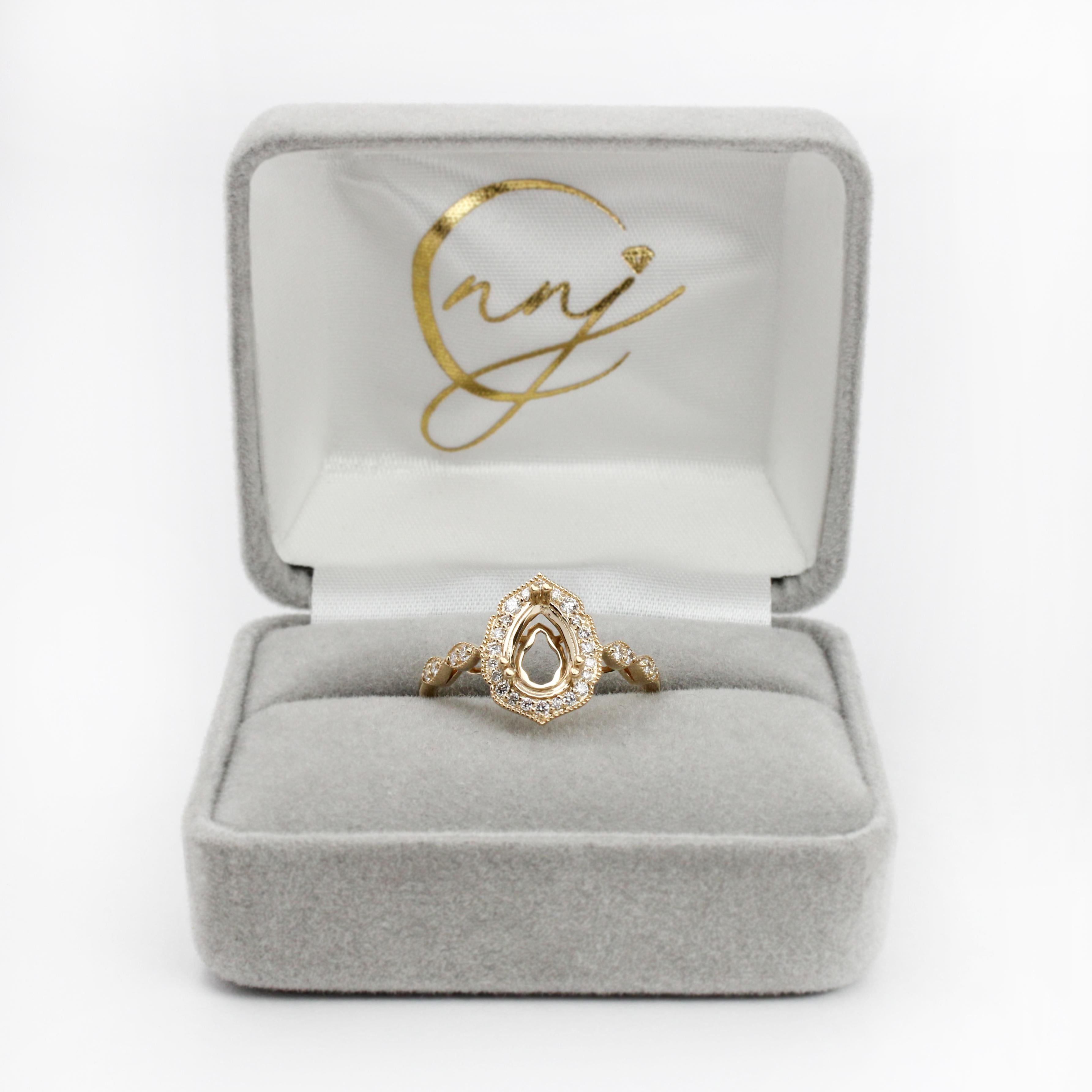 Vintage Style 4 Petal Ring Setting w Milgrain and Natural Diamonds in 14K Gold