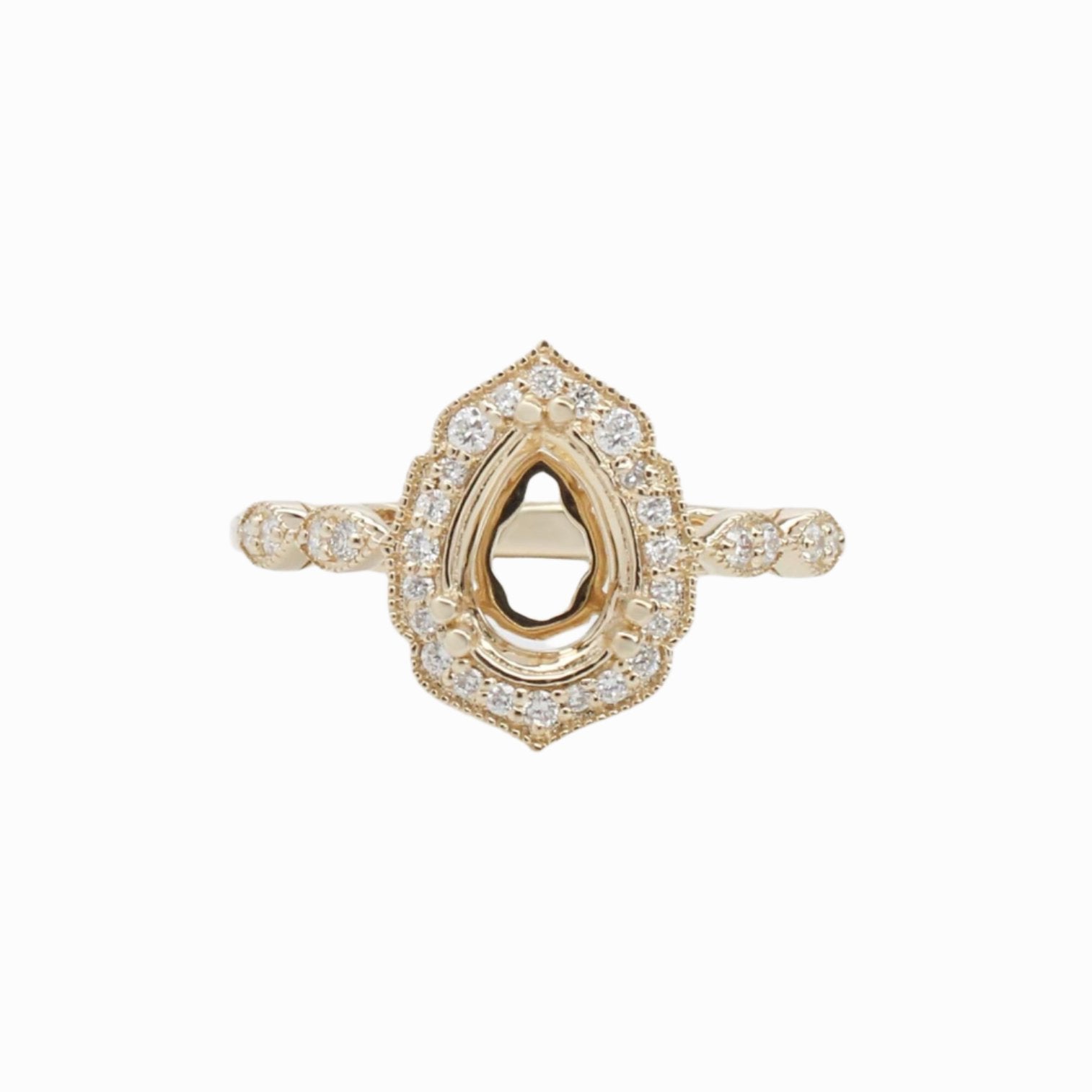 Vintage Style 4 Petal Ring Setting w Milgrain and Natural Diamonds in 14K Gold