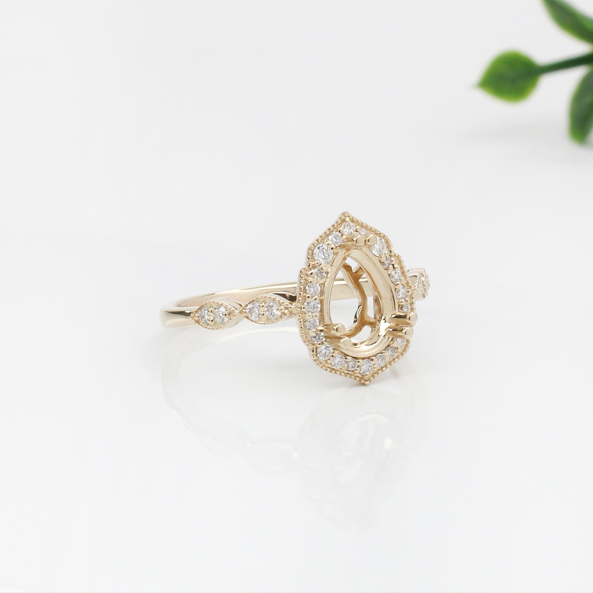 Vintage Style 4 Petal Ring Setting w Milgrain and Natural Diamonds in 14K Gold
