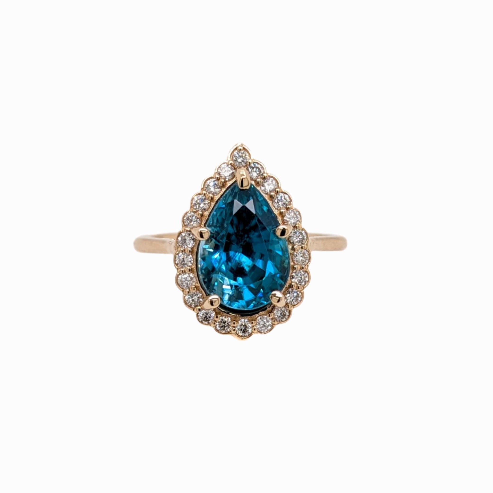 4.8ct Blue Zircon Ring w Natural Diamond Halo in Solid 14K Yellow Gold | PE 12x8