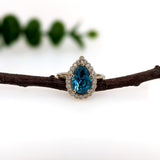 4.8ct Blue Zircon Ring w Natural Diamond Halo in Solid 14K Yellow Gold | PE 12x8