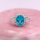 6ct Blue Zircon Ring w Earth Mined Diamonds in Solid 14k White Gold | Oval 10.5x8mm | December Birthstone