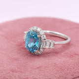 6ct Blue Zircon Ring w Earth Mined Diamonds in Solid 14k White Gold | Oval 10.5x8mm | December Birthstone