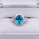 6ct Blue Zircon Ring w Earth Mined Diamonds in Solid 14k White Gold | Oval 10.5x8mm | December Birthstone