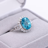 6ct Blue Zircon Ring w Earth Mined Diamonds in Solid 14k White Gold | Oval 10.5x8mm | December Birthstone