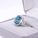 6ct Blue Zircon Ring w Earth Mined Diamonds in Solid 14k White Gold | Oval 10.5x8mm | December Birthstone