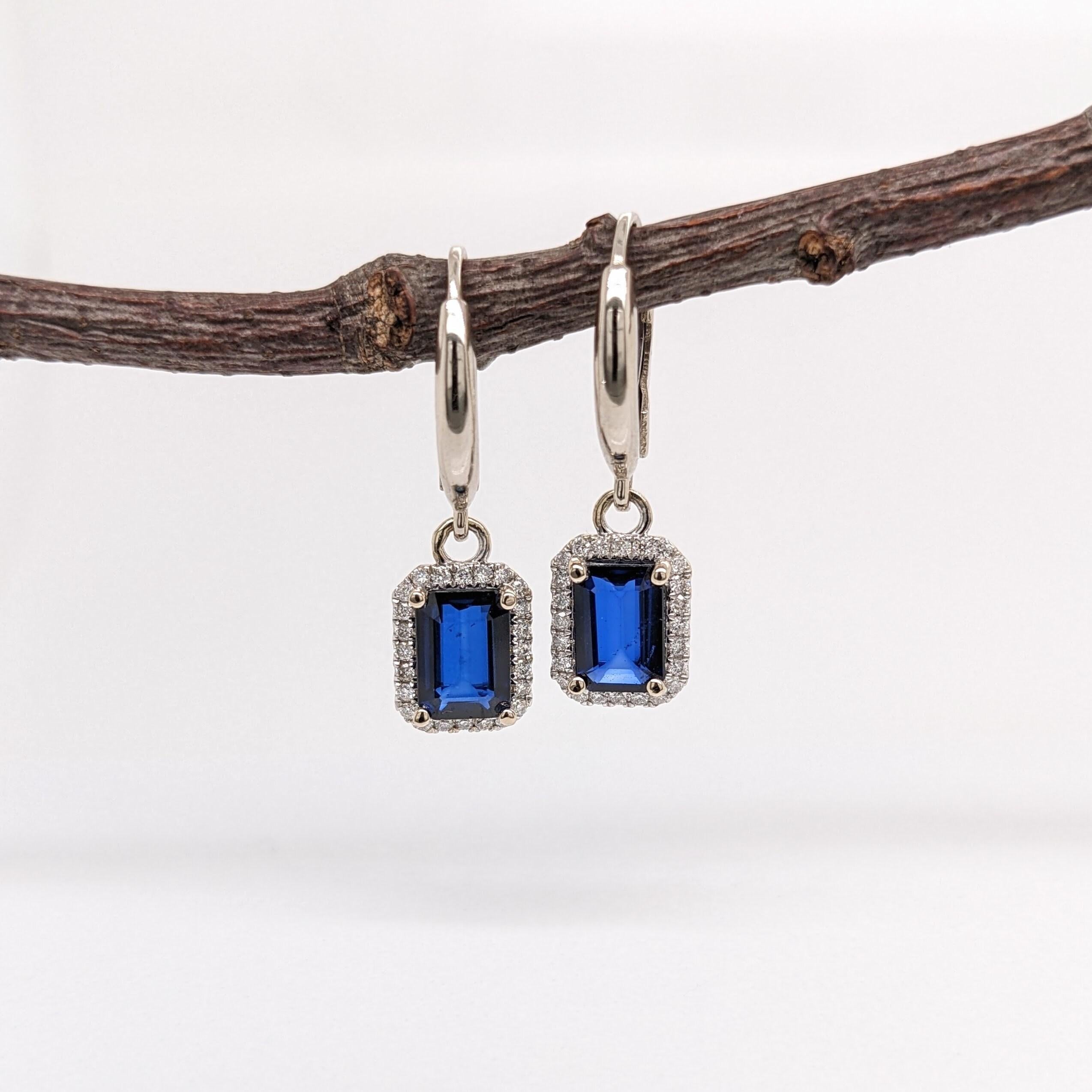 Blue Sapphire Dangle Earrings w Earth Mined Diamonds in Solid 14K Gold EM 7x5mm