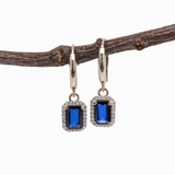 Blue Sapphire Dangle Earrings w Earth Mined Diamonds in Solid 14K White Gold | Emerald Cut 7x5mm