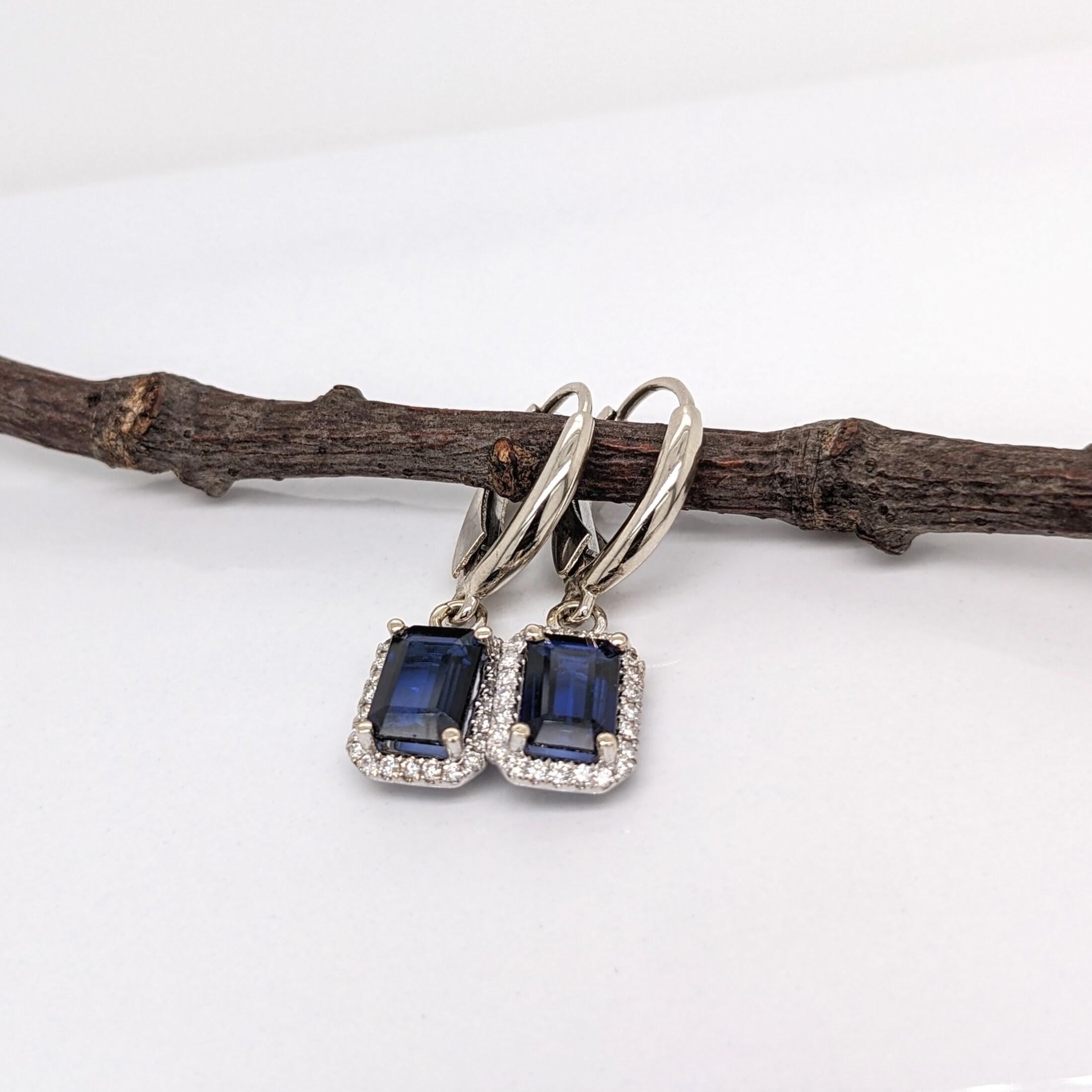 Blue Sapphire Dangle Earrings w Earth Mined Diamonds in Solid 14K Gold EM 7x5mm