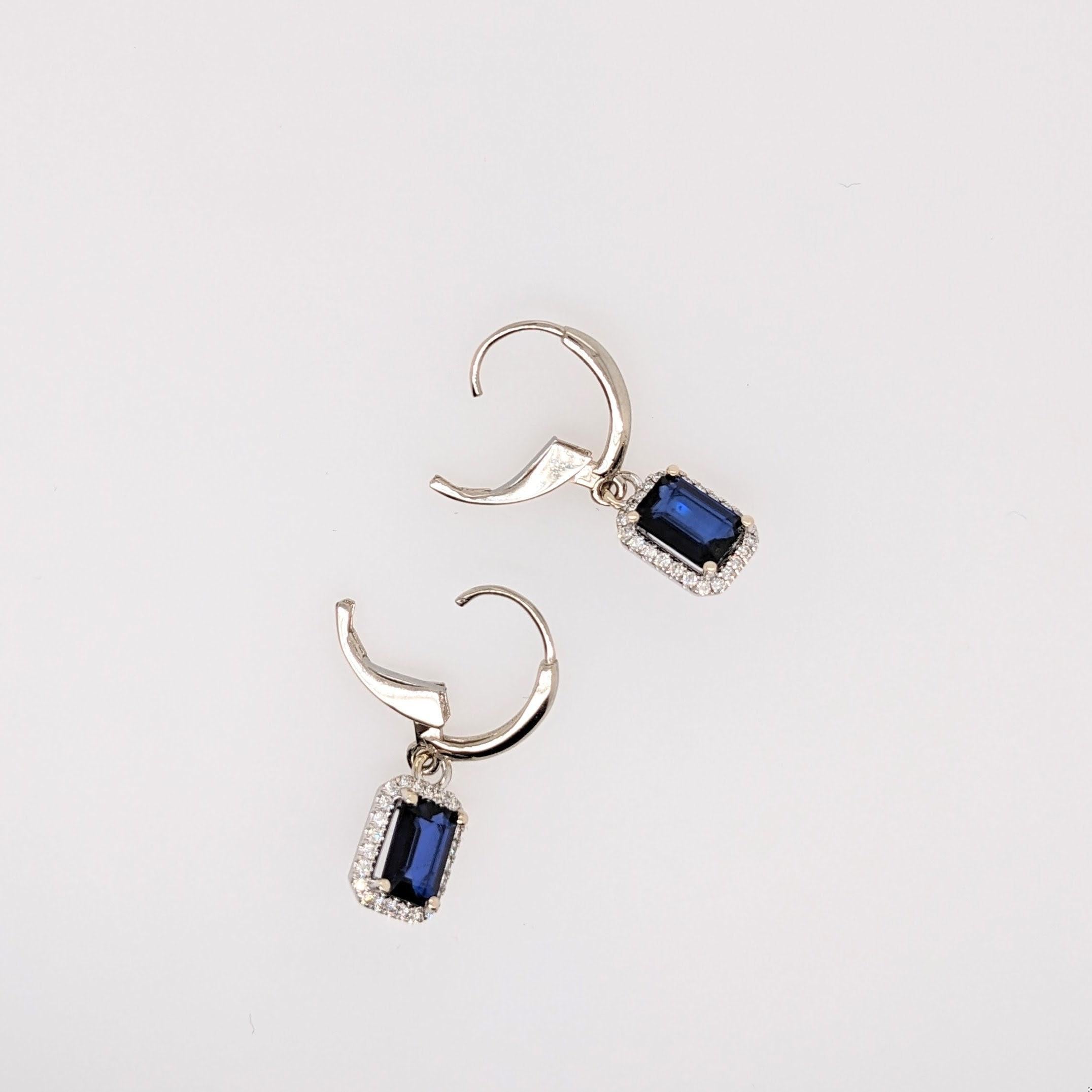 Blue Sapphire Dangle Earrings w Earth Mined Diamonds in Solid 14K Gold EM 7x5mm