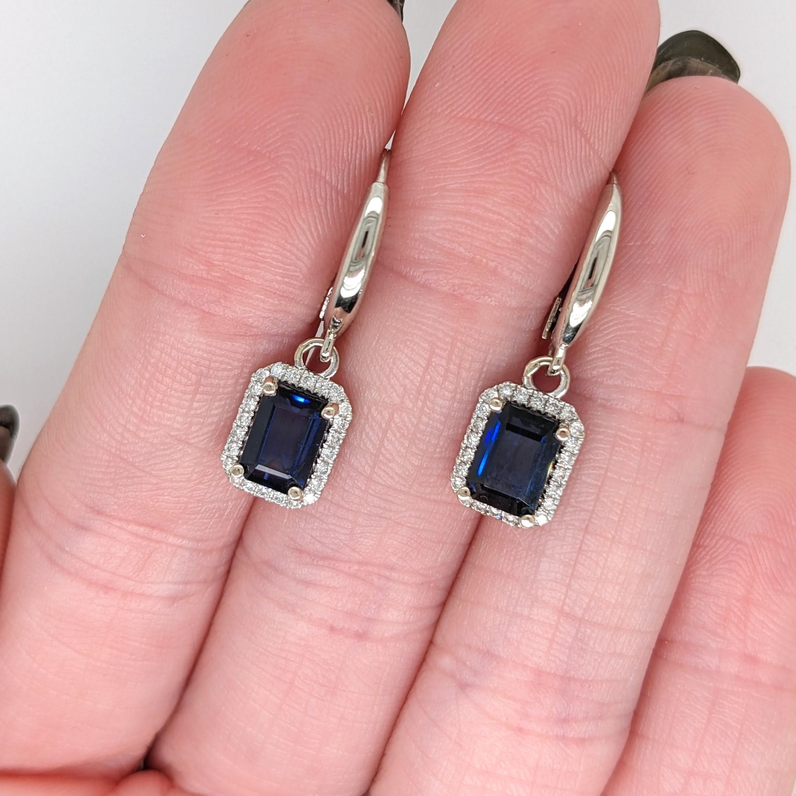 Blue Sapphire Dangle Earrings w Earth Mined Diamonds in Solid 14K Gold EM 7x5mm