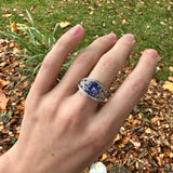 Intricate Design Tanzanite Ring w Diamond Accents in 14K White Gold | Round 9mm