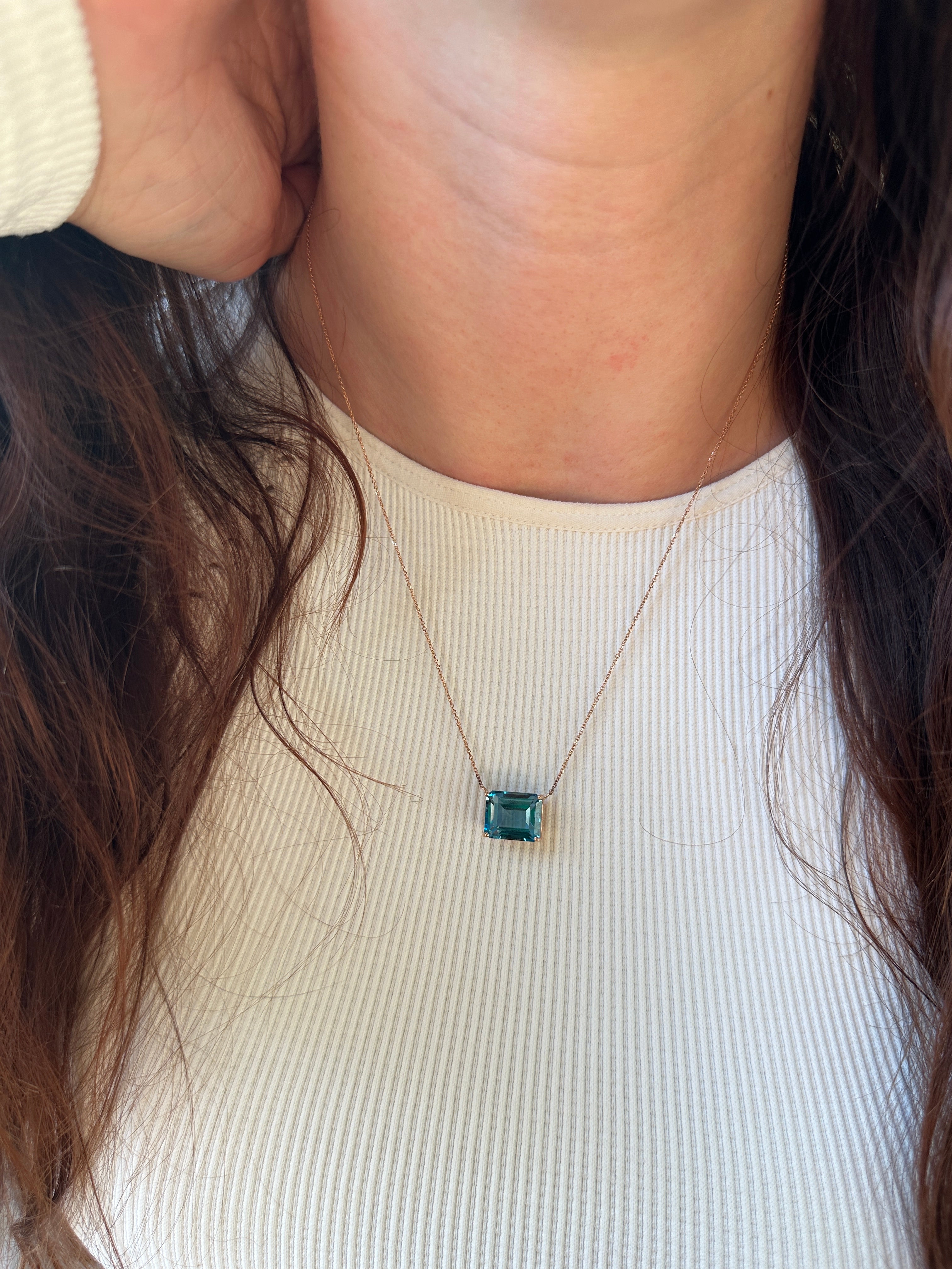 Solitaire London Blue Topaz Pendant in Solid 14k White, Yellow or Rose Gold | Emerald Cut 9x7mm | East West | Blue Gemstone | November