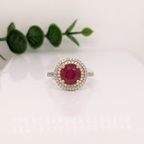 3cts Ruby Ring with a Double Halo of Diamonds  in Solid 14K Gold