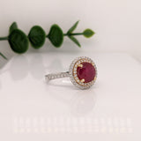 3cts Ruby Ring with a Double Halo of Diamonds  in Solid 14K Gold