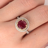 3cts Ruby Ring with a Double Halo of Diamonds  in Solid 14K Gold