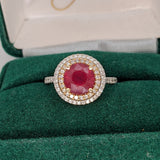 3cts Ruby Ring with a Double Halo of Diamonds  in Solid 14K Gold