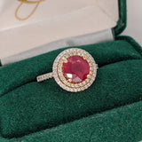 3cts Ruby Ring with a Double Halo of Diamonds  in Solid 14K Gold