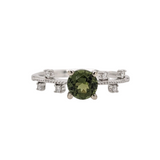Green Tourmaline Ring w Earth Mined Diamonds in Solid 14K White Gold Round 5.5mm | October Birthstone