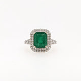 2.3ct Zambian Emerald Ring w Earth Mined Diamonds in Solid 14k White Gold | Cushion cut 8x7mm | May Birthstone