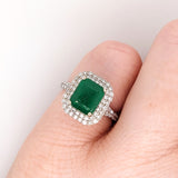 2.3ct Zambian Emerald Ring w Earth Mined Diamonds in Solid 14k White Gold | Cushion cut 8x7mm | May Birthstone