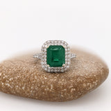 2.3ct Zambian Emerald Ring w Earth Mined Diamonds in Solid 14k White Gold | Cushion cut 8x7mm | May Birthstone
