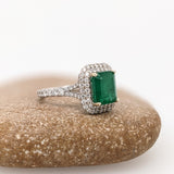 2.3ct Zambian Emerald Ring w Earth Mined Diamonds in Solid 14k White Gold | Cushion cut 8x7mm | May Birthstone