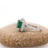 2.3ct Zambian Emerald Ring w Earth Mined Diamonds in Solid 14k White Gold | Cushion cut 8x7mm | May Birthstone