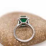 2.3ct Zambian Emerald Ring w Earth Mined Diamonds in Solid 14k White Gold | Cushion cut 8x7mm | May Birthstone