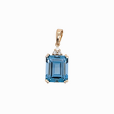 London Blue Topaz Pendant w Earth Mined Diamonds in Solid 14K Gold | Emerald cut 12x10mm