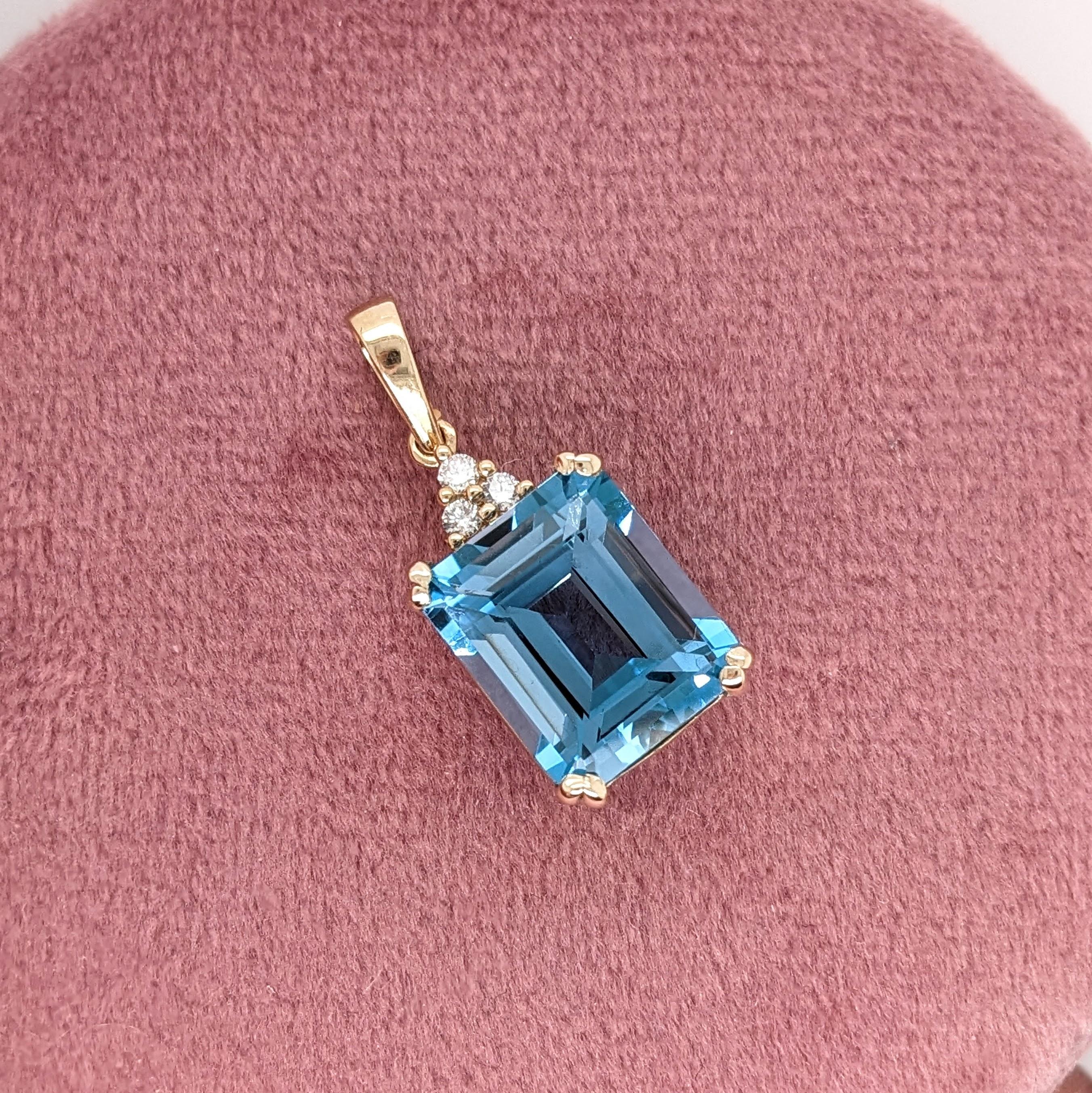 London Blue Topaz Pendant w Earth Mined Diamonds in Solid 14K Gold | EM 12x10mm