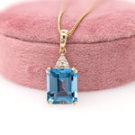 London Blue Topaz Pendant w Earth Mined Diamonds in Solid 14K Gold | EM 12x10mm