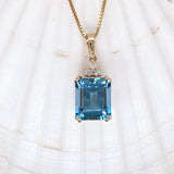 London Blue Topaz Pendant w Earth Mined Diamonds in Solid 14K Gold | EM 12x10mm