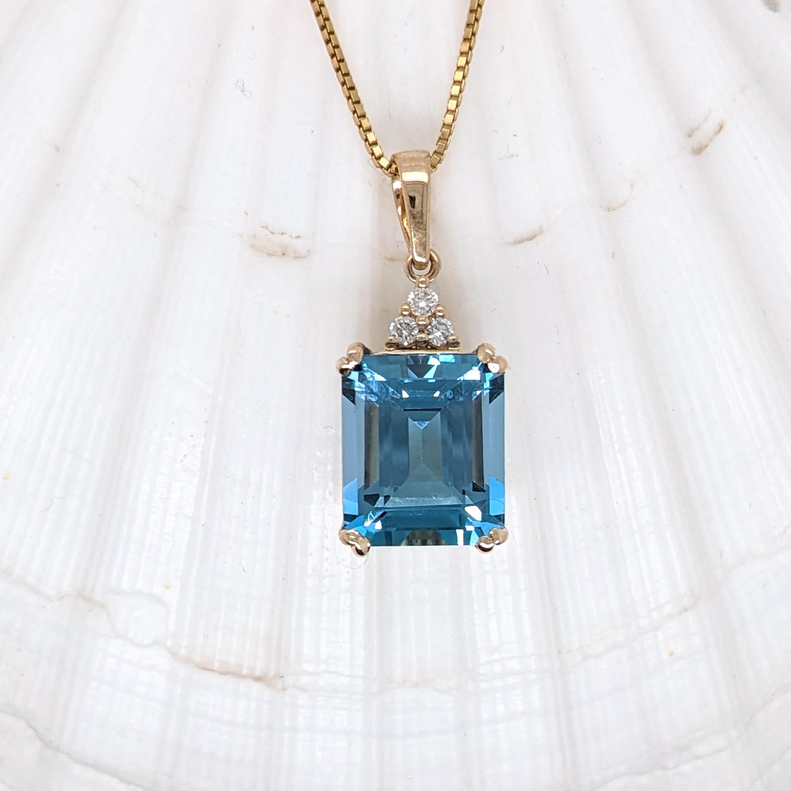 London Blue Topaz Pendant w Earth Mined Diamonds in Solid 14K Gold | EM 12x10mm