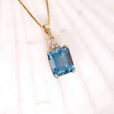 London Blue Topaz Pendant w Earth Mined Diamonds in Solid 14K Gold | EM 12x10mm