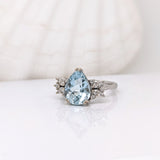 2.5ct Aquamarine Ring w Earth Mined Diamonds in Solid 14K White Gold | Pear Shape 11x8mm | March Birthstone