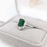 1.5ct Zambian Emerald Ring w Earth Mined Diamonds in Solid 14K White Gold | Emerald cut 8x6mm | May Birthstone