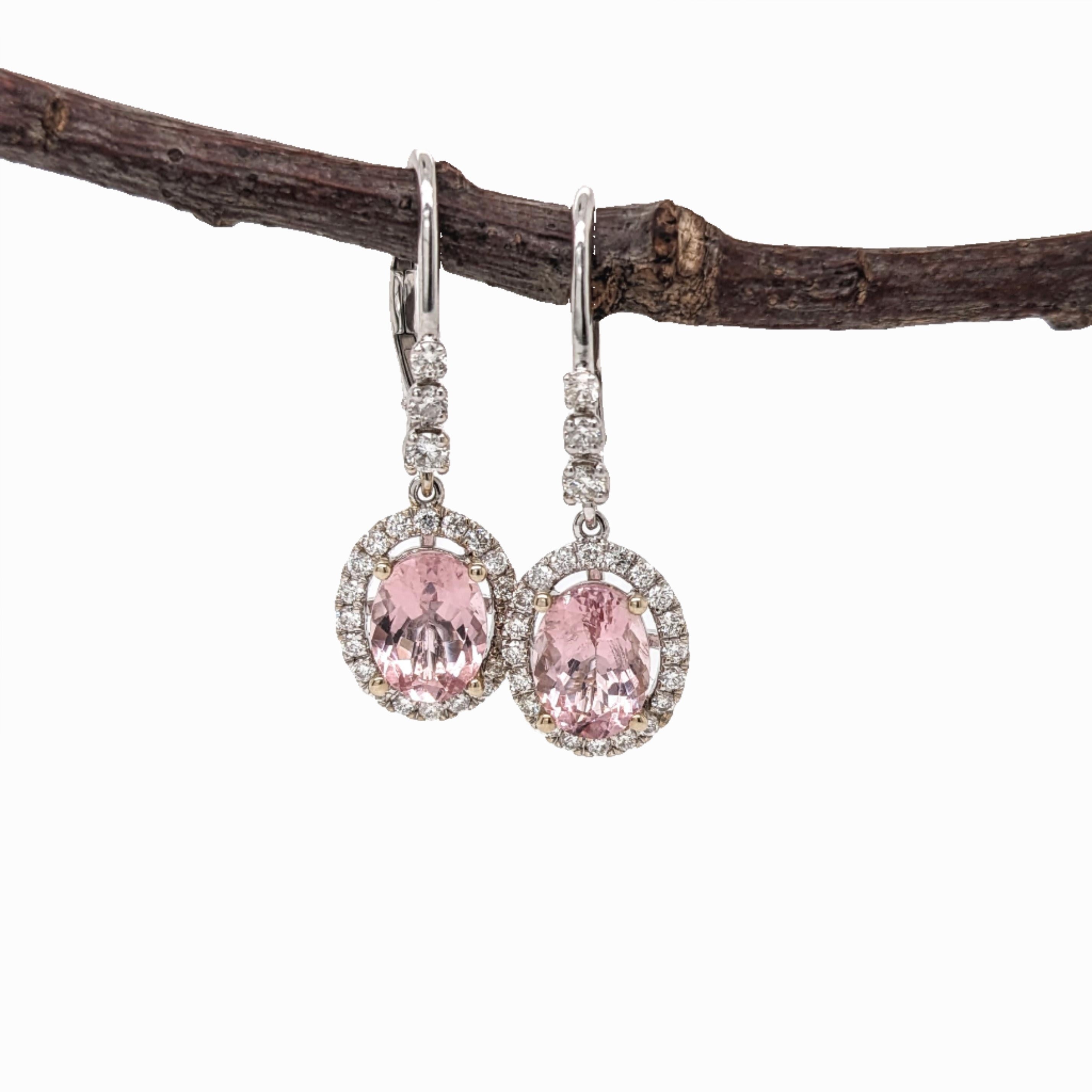 2.5ct Morganite Drop Earrings w Earth Mined Diamonds in Solid 14K Gold Oval 8x6